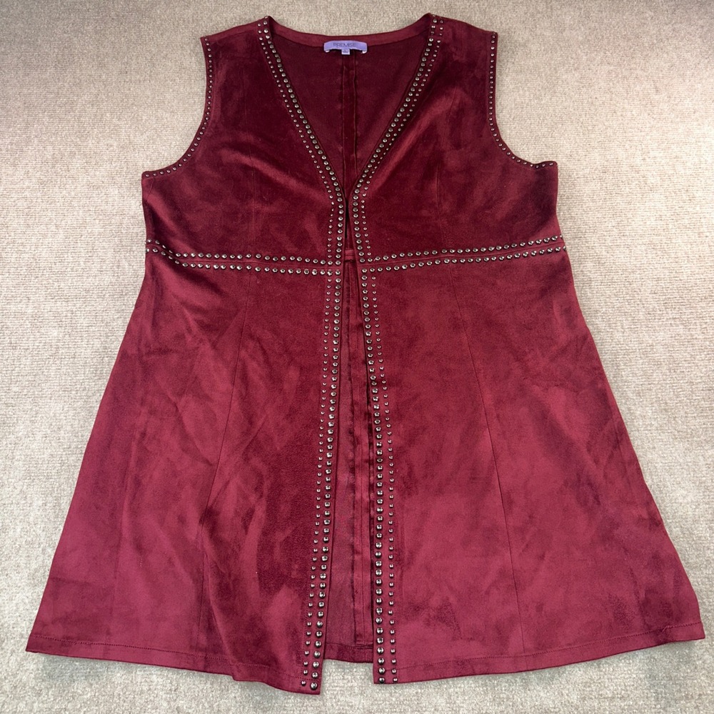 Premise Womens Burgundy Faux Suede Studded Open Front Longline Vest Large